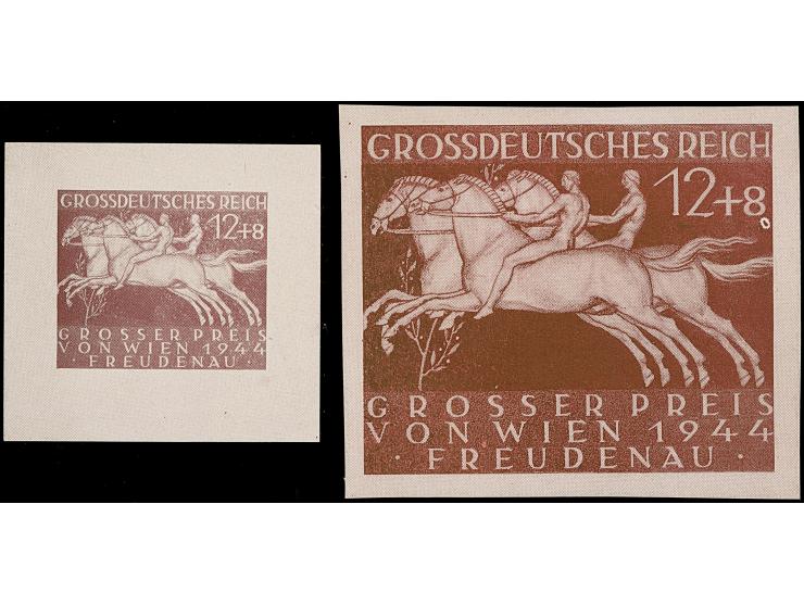 1944, Großer Preis von Wien 12 Pfg. als ungezähnte Foto-Essays in Braun in zwei verschiedenen Formaten (50 x 48 mm und 73 x 6