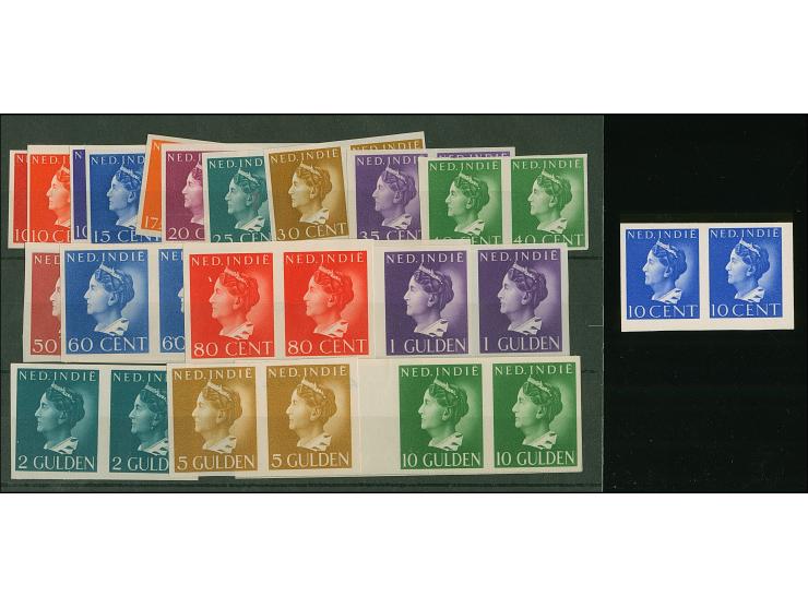1941, Wilhelmina 10 c. – 10 g. as imperforated proofs, all in horizontal pairs, including 10 c. in 4 different colours