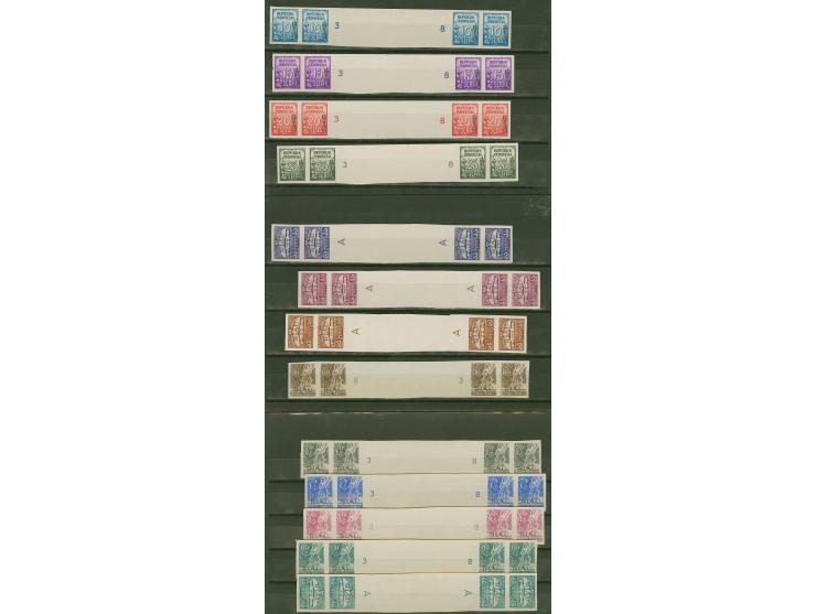 1954, Definitives 10-25 and 35-90 s. as imperforated proofs in gutter-strips of 4, ungummed, 50 c. folded in the gutter and o
