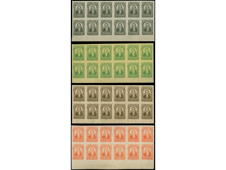 1917, Camilo Torres 1 c., plate proofs in black, green, sepia and orange, each in block of ten without gum, the orange block 
