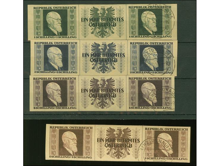 1946, Renner 1-5 S. geschnitten in waagerechten Dreierstreifen mit Zierfeld, dabei alle rechten Marken mit zeitgerechter Entw