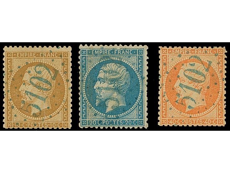TULCEA: "5102", GC in blue, clear and central strikes on Napoleon perforated 10 c., 20 c. and 40 c. Small faults, 40 c. re-pe
