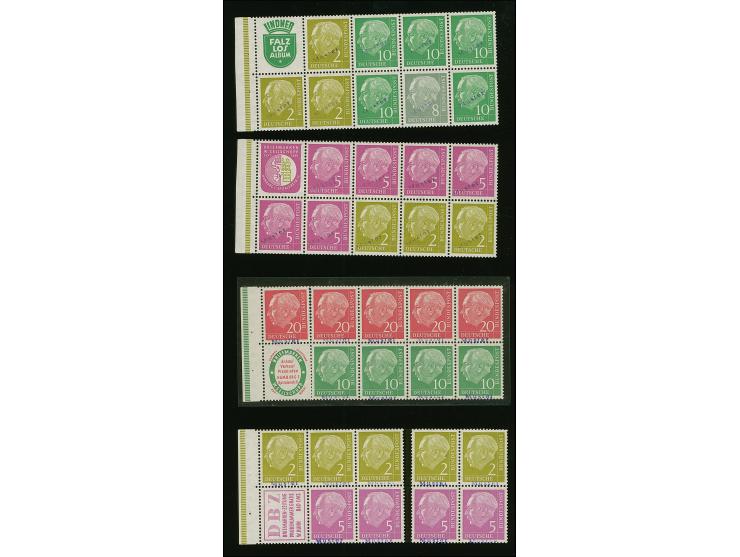 1955/56, Heuss H-Blatt 3,5, 6 und 7 (teils stärker angetrennt, H-Bl. 5 ein Viererblock rechts abgetrennt), jeder Wert mit Han