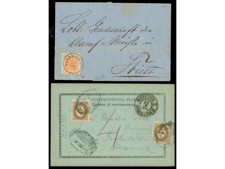 Wappen auf Maschinenpapier 3 Kr. rot, allseits breitrandig, sauber entwertet durch EKr. “NABRESINA 30-3” auf Faltbrief nach T