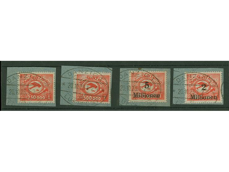 1923, Flugpost 250000 M. bis 5 Mio. auf 50000 M. kpl. je mit zeitgerechter Entwertung “DANZIG LUFTPOST a 20.10.23” auf vier B