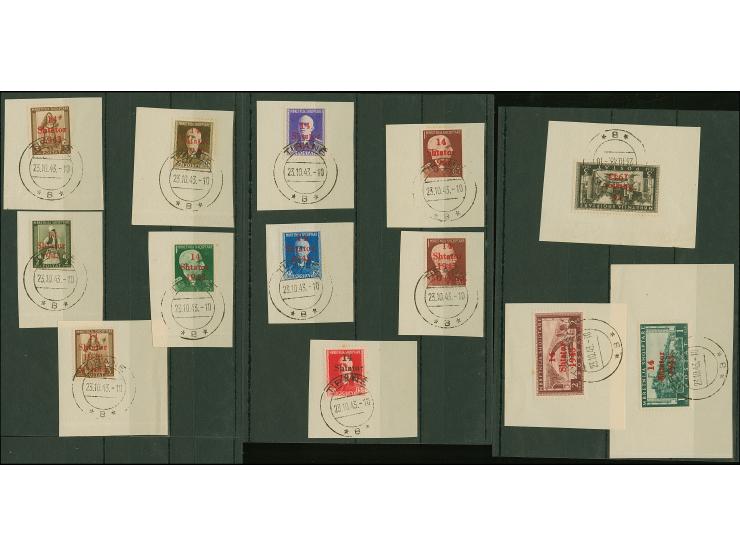 1943, Freimarken 1Q- 3Fr., je sauber und einheitlich mit Stempel “TIRANA * B * 23.10.43.-10” auf Briefstück, teils winzig fle