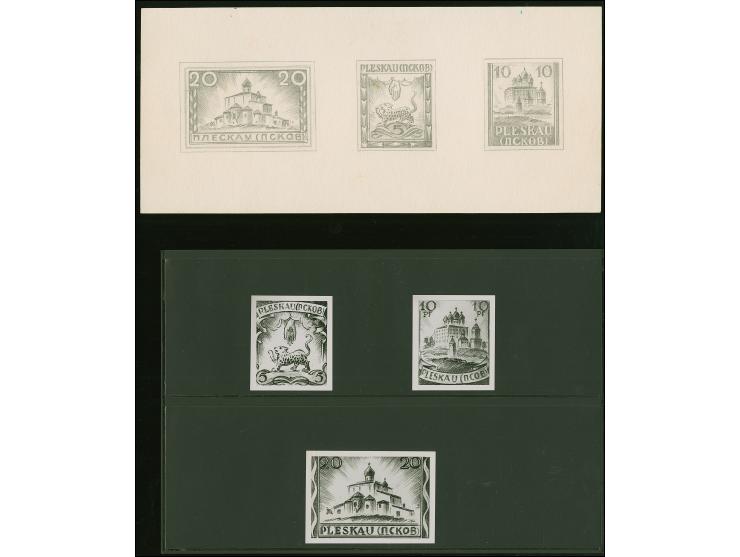 1941, Stadtwappen 5 Pf. sowie Kathedrale 10 Pf. sowie 20 Pf. im Querformat, &nbsp;Bleistiftentwürfe auf weißem Kartonpapier i