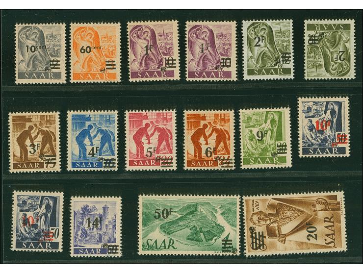 1947, Urdruck 10 C.-50 Fr. komplett, Mi.-Nr. 228-229 sowie 235 je mit in beiden Varianten, 2 F. ein Wert ungebraucht, sonst p