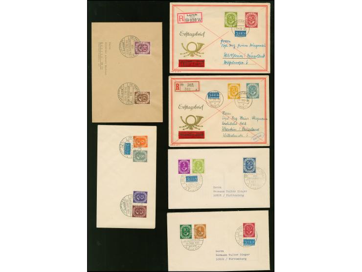 Posthorn 2-90 Pfg. komplett auf 6 FDC, die Hauptwerte auf gelaufenen R-Eilboten-Briefen