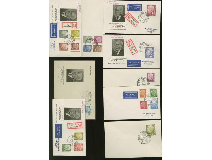 Heuß, 2 Pfg. – 3 M. kpl. auf 9 FDC, dabei die beiden Hauptwerte und einige weitere als R-Briefe in die USA, mit Ankunftsstemp