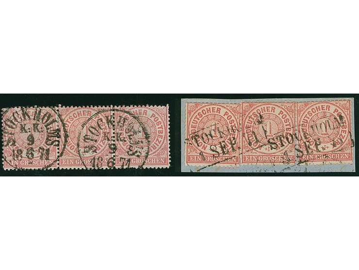 1 Gr. im waagerechten 3er-Streifen mit 2 sauberen Abschlägen des Anlandestempels &nbsp;"STOCKHOLM K: K: 9 6 1871"sowie 3 Einz