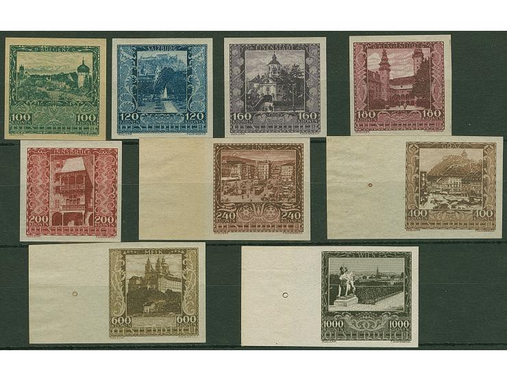 1923, Landeshauptstädte 100-1000 K., ungezähnt, kpl., 240-1000 K. mit linkem Seitenrand, postfrisch und einwandfrei