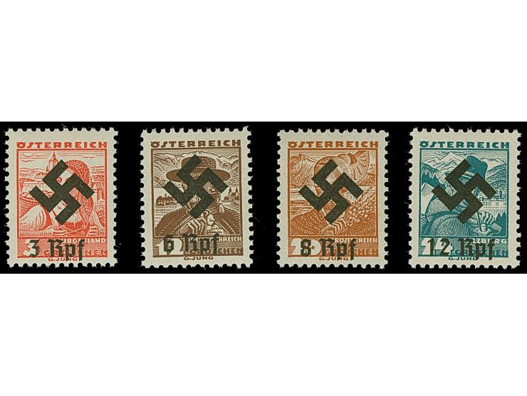 1938, Volkstrachten mit Hakenkreuz-Aufdruck, 3-12 Rpf., postfrisch, tadellos