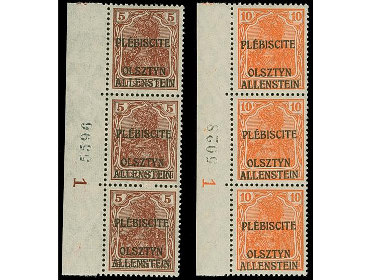 1920, Nicht ausgegeben Germania 5-10 Pfennig, je im senkrechten Rand-Dreierstreifen mit Seitenrandnummer “1” und Bogenzählnum