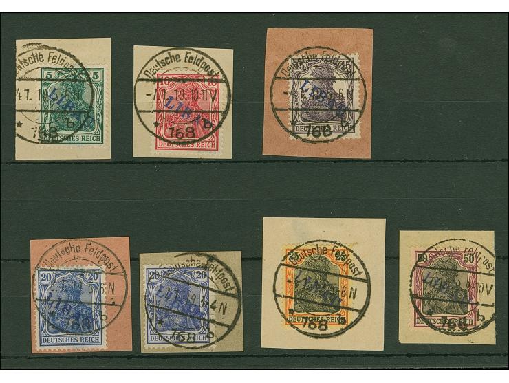 1919, Aufdrucktype II, violettblauer Aufdruck: Germania 5-50 Pfennig, dabei 20 Pfennig in beiden Farben, je farbfrisch und gu