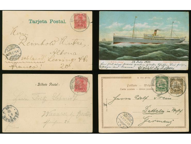 “DSP OST-AFRIKANISCHE HAUPTLINIE *k 12.12.01” (D. Koenig) zweimal klar auf Kaiseryacht 2 und 3 Pesa auf Postkarte, dazu drei 