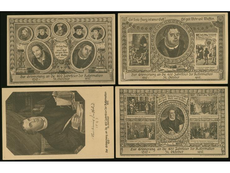 1917, 400Jahrfreier der Reformation Karte Germania 2½ + 7½ Pfg. auf hellsämischgrauem Papier, vier verschiedene Bilder, bis a