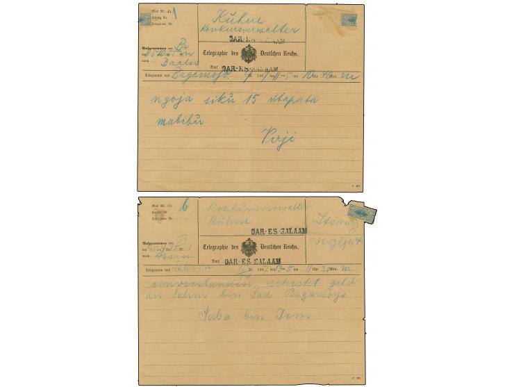 1907, zwei Telegramme aus Bagamoyo 11.5. bzw. Tabora 13.5. an den Konkursverwalter Kühne in Daressalam, jeweils mit schwarzem
