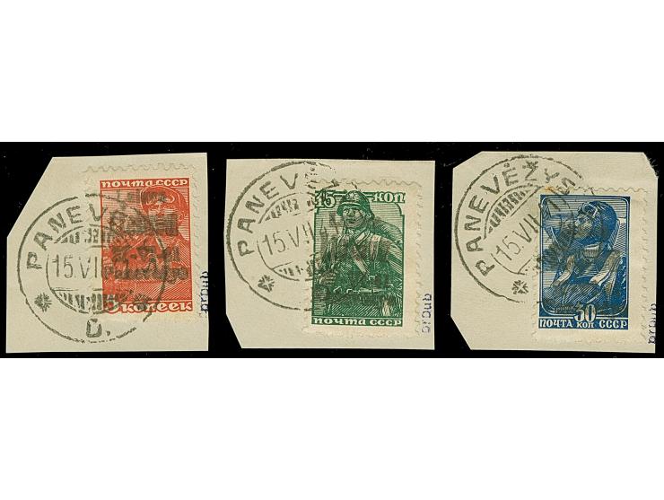 1941, Handstempelaufdruck 5-30 Kopeken, je farbfrisch und gut gezähnt, sauber mit Stempel “PANEVEZYS 15.VII.41” auf Briefstüc