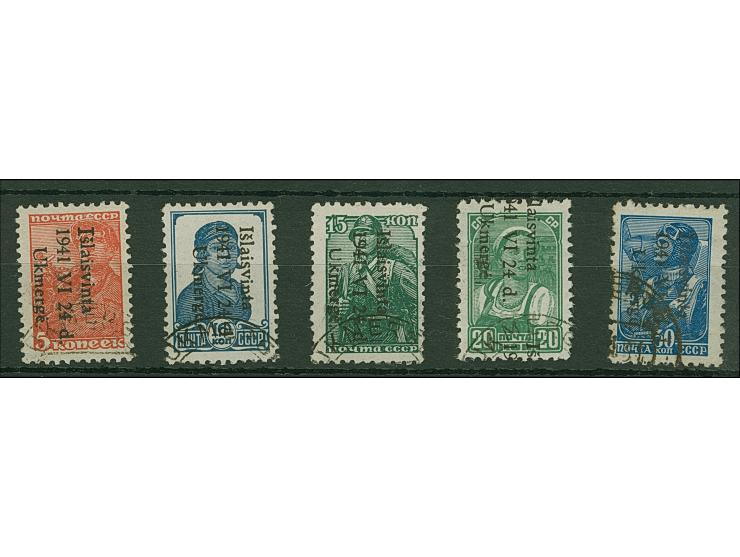 1941, 5-30 Kopeken, farbfrisch und meist gut, 15 Kopeken teils gering unregelmäßig gezähnt, 20 Kopeken mit Aufdruckfehler “Ko