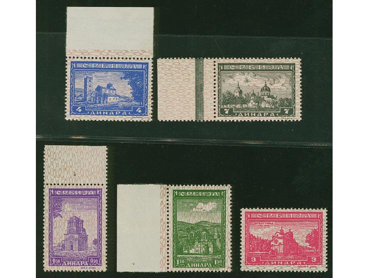 1942, Serbische Klöster 0,50 und 1,50 Dinar sowie 3-7 Dinar mit hellrotbraunem Netzüberdruck "Schlingen". Es handelt sich mög