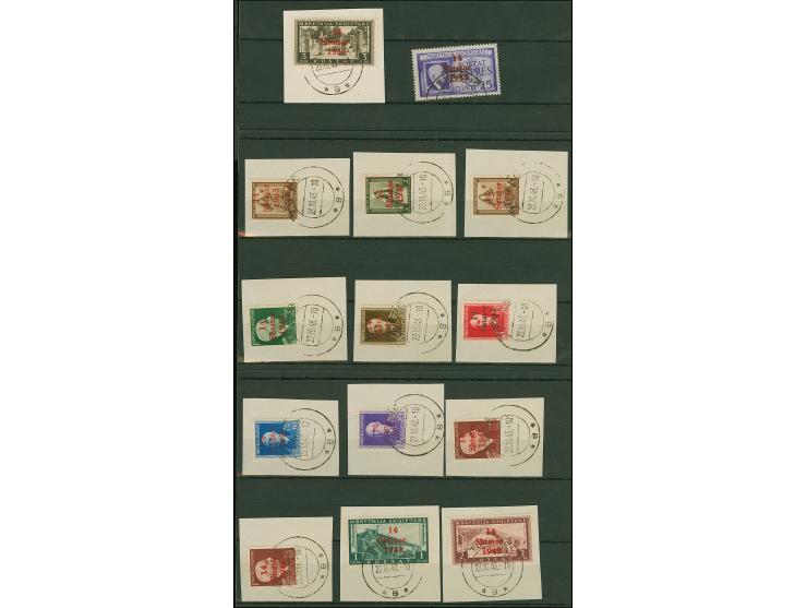 1943, 1 Qind auf 3 Qind - 3 Frank, kompletter gestempelter Satz, bis auf die Eilmarke je auf Briefstück mit klarem Stempel “T