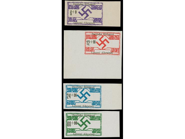 1944, Luboml 6-60 Pfennig ungezähnt, durchweg Randstücke, die 12 Pfennig aus der linken unteren Bogenecke, postfrisch, tadell