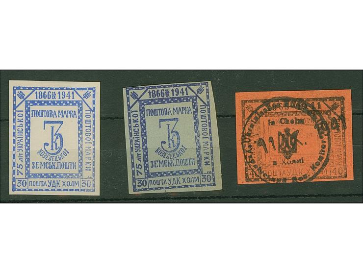 3. AUSGABE “SEMSVTO”: 3 Gr. blau, auf weißem bzw. auf graulichblauem Papier sowie 5 Kopeken auf rot, letztere gestempelt, tad