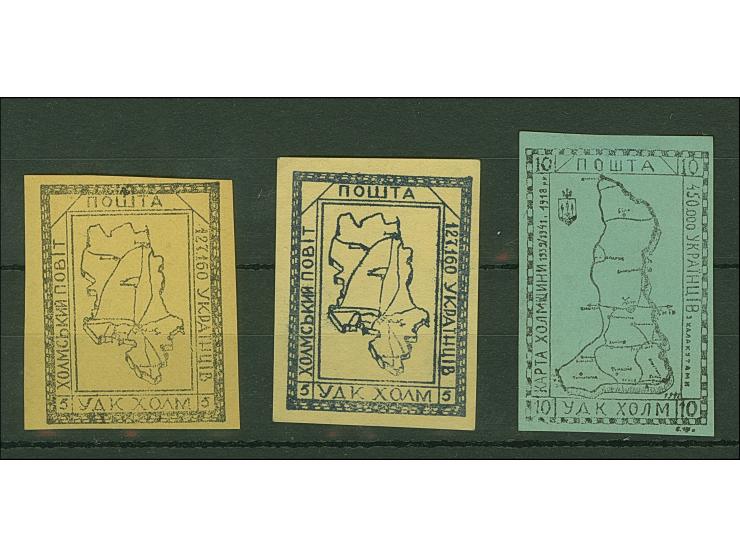 1. AUSGABE: Plan-Distrikt Cholm 5 Gr. gelb, zwei verschiedene Papier und Stadtplan von Cholm 10 Gr. grünlichblau, tadellos (M