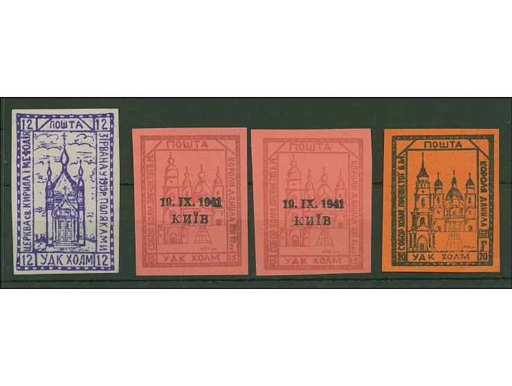 1. AUSGABE: Kirchen 12 Gr. violett, zwei Werte 15 Gr. rot auf rosa mit Aufdruck “19.IX.1941 KIEV” sowie 20 Gr. schwarz auf ro