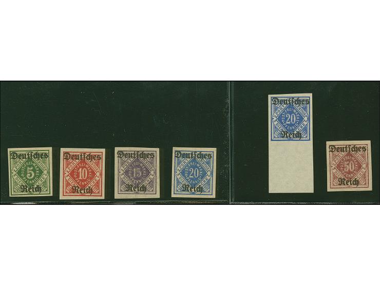 1920, 5-50 Pfg. ungezähnt kpl. inkl. 20 Pfg. mit beiden Wasserzeichen, postfrisch, in tadelloser Erhaltung. Die 20 Pfg. mit W