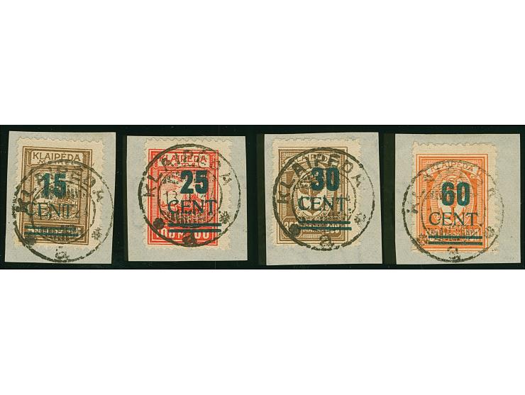 1923, Grünaufdruck 15-60 Cent, je farbfrisch und gut gezähnt, sauber mit Stempel “KLAIPEDA 18.I.24” auf Briefstücken, 15 C. e
