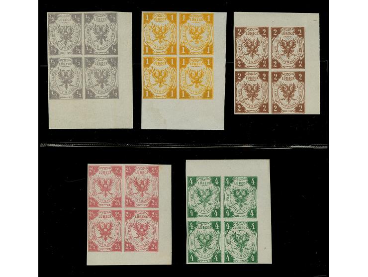 Neudrucke 1872: ½-4 Sch. kpl. in 4er-Blocks, voll- bis breitrandig, 1 Sch. etwas oxidiert, sonst und sehr schön farbfrisch, u