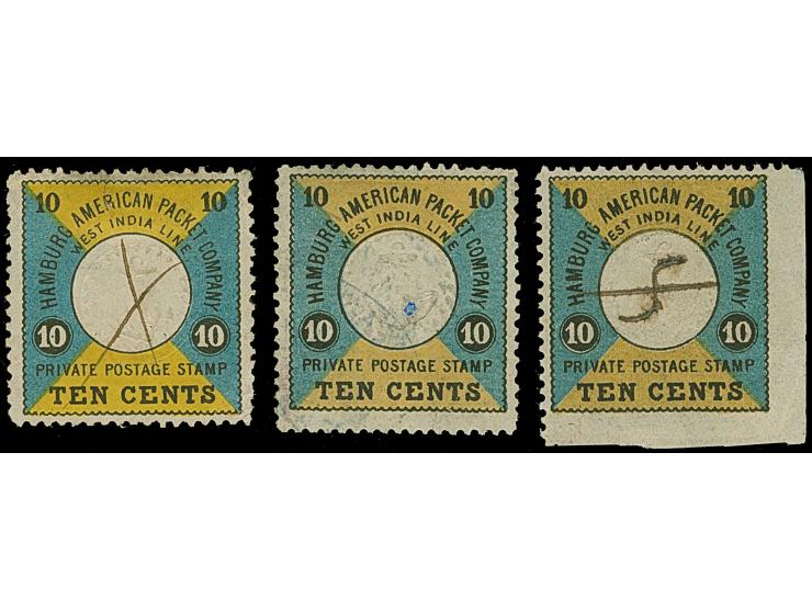 1875, 10C. schwarz/blaugrün/gelb und 10 C. schwarz/graugrün/dunkelgelb, 1. Auflage ein Einzelwert mit Federzug, 2. Auflage ei
