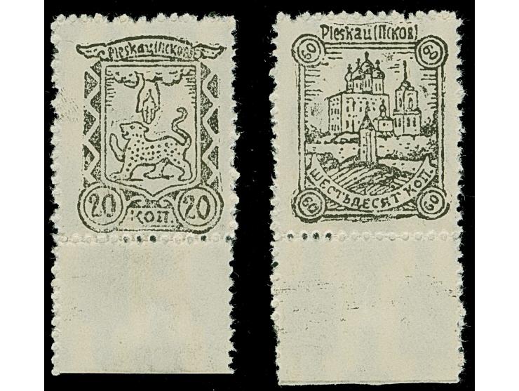 1941, Stadtwappen 20 Kopeken und Kathedrale von Pleskau 60 Kopeken schwarz, je gezähnter Probedruck mit Oberrand auf weißem P