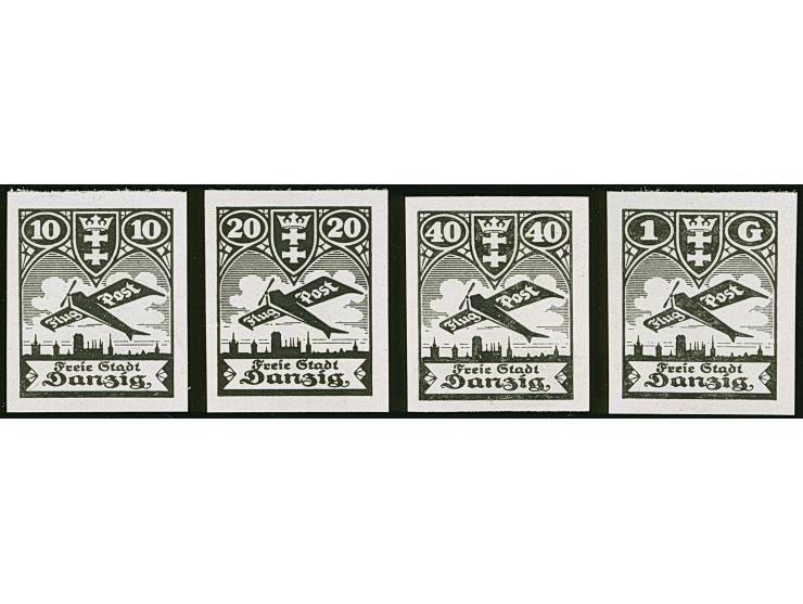 1924, Flugpost 10-40 Pfg. und 1 G. schwarz, je als ungezähnter Probedruck auf ungummiertem Kreidepapier, tadellos
