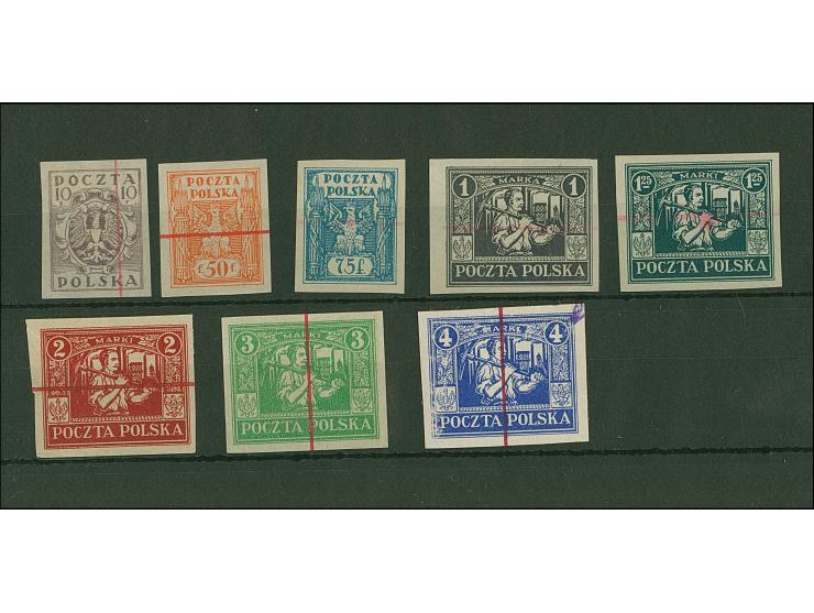 1923, Wappenadler und Bergmann 10 Fenigow, und 50-75 Fenigow sowie 1-4 Marka, je als ungezähnter Probedruck auf ungummiertem 