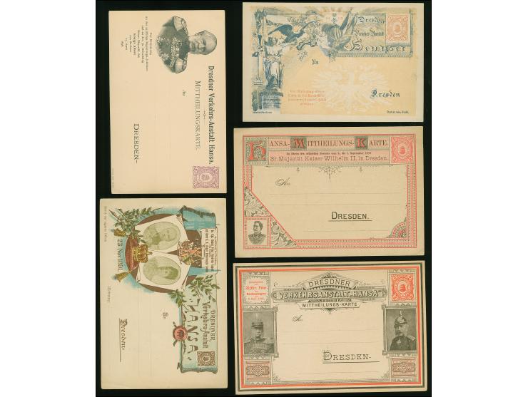Dresden-Hansa: 1889/98, Sonder-Ganzsachenkarten, fünf verschiedene mit u.a. “Besuch des Kaisers Wilhelm II. in Dresden” 3 Pfg