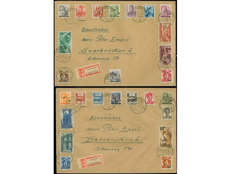 1948, Wiederaufbau des Saarlandes 10 C. – 50 Fr. kpl. auf zwei überfrankierten R-Ortbrief-FDC von „SAARBRÜCKEN 1.4.48“ je mit