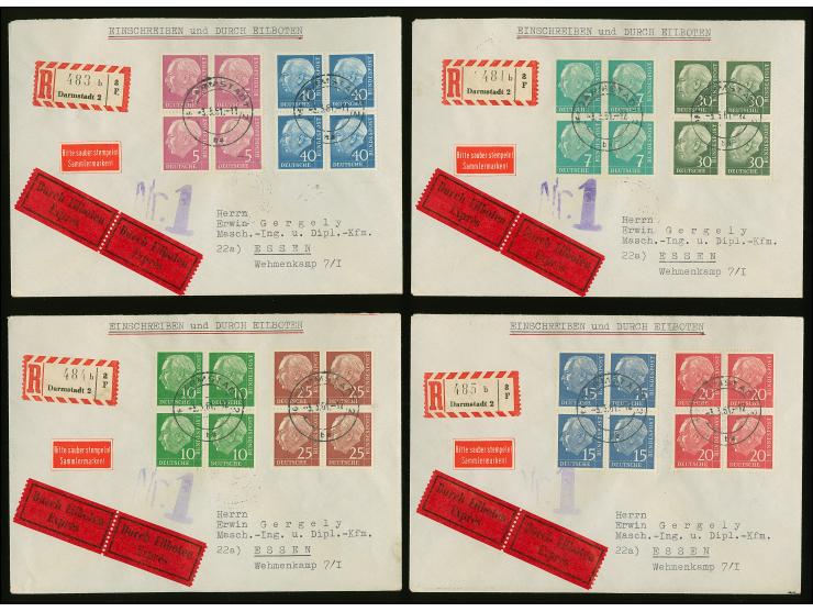 1960, Lumogen 5-40 Pfg., kpl. je als 4er-Block auf vier Eilboten-R-Briefen, sauber gestempelt “DARMSTADT 2 3.3.61” nach Essen