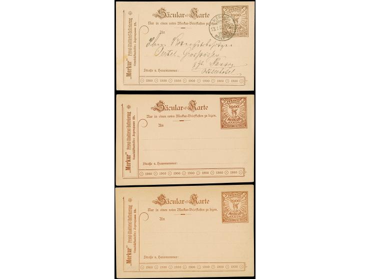 Courier/Merkur: 1900, Säcular Ganzsachenkarte 3 Pfg. in allen drei verschiedenen Farben, zweimal ungebraucht und einmal mit S