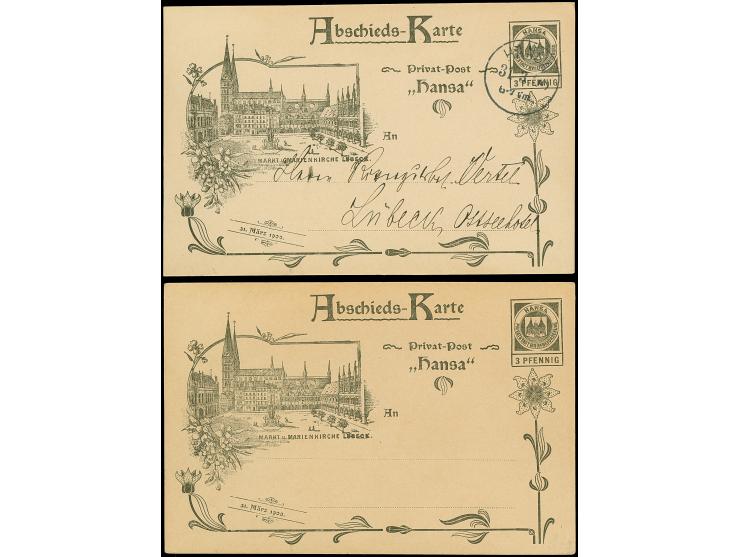 Hansa: 1900, Abschieds-Ganzsachenkarte 3 Pfg., einmal ungebraucht und einmal mit Stempel “HANSA 31.3.1900” ohne Text in einwa