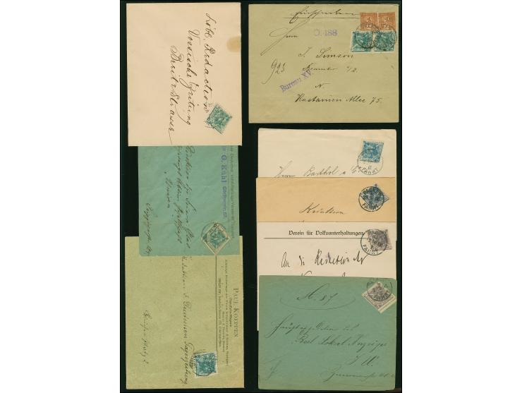 Packetfahrt: 1896, Berliner Gewerbe-Ausstellung 3 Pfg. blau bis violett, Partie mit sieben Einzelfrankaturen auf Ortsbriefen,