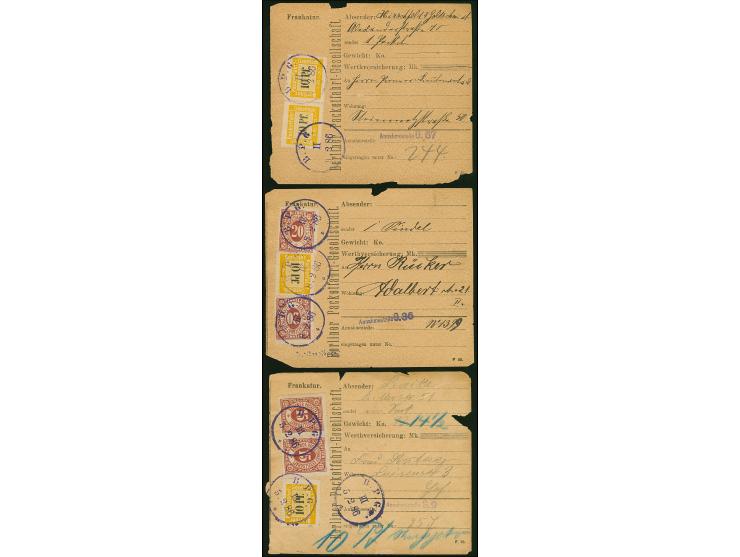 Berliner Packetfahrt Gesellschaft: 1884/86, drei frankierte Paketkarten aus 1886 mit waagerechtem Paar Ausgabe 1884 10 Pfg. g