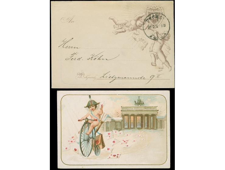 Berliner Packetfahrt-Gesellschaft: 1889, Ganzsachen-Glückwunschumschlag 10 Pfg. braun mit Einlage “Amor auf Hochrad vor dem B