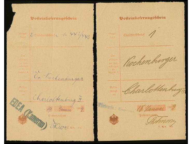 1909, zwei Posteinlieferungsscheine mit schwarzem L2 “EDEA (KAMERUN) bzw. L1 ”Victoria: Kamerun". Beide Formulare mit Falt- u