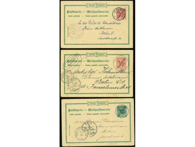 1898, Karte 3 P. auf 10 Pfg. “Gruss aus Bagamoyo” mit Stempel “KIlOSSA”, 5 P. auf 10 Pfg. “Gruss aus Dar-es-Salam” mit Stempe