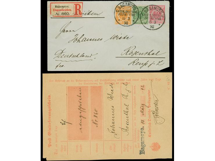 25 Pfg. gelborange mit 5 Pfg., als Zufrankatur auf Ganzsachenumschlag 10 Pfg., als R-Brief vom "BAGAMOYO KDPA 18 3 92" nach R