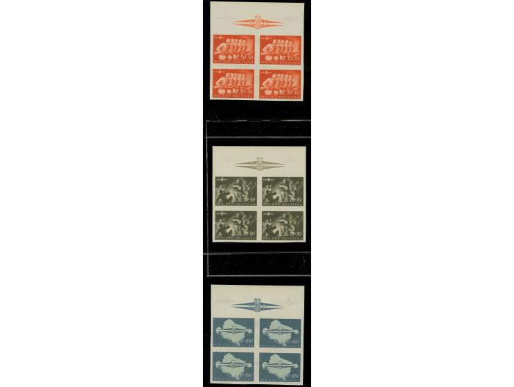 1945, Storm Division 50-100 k. imperforate proofs, blocks of four with upper sheet margin with badge of Storm Division, mint 