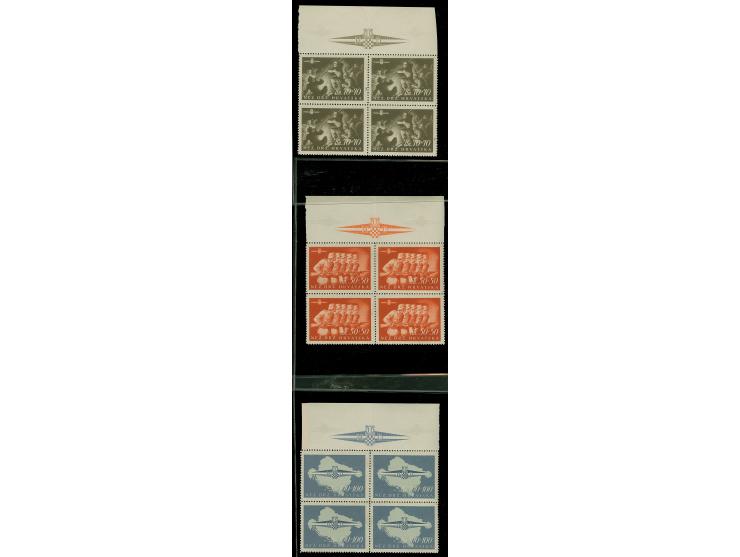 1945, Storm Division 50-100 k., blocks of four with upper sheet margin with badge of Storm Division, mint never hinged, the s